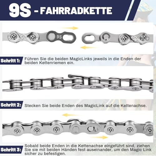 Wicbb 9-fach Fahrradkette 116 Glieder Mit Kettenschloss: 9 Speed Fahrrad Kette Silber 116 Kettenglieder für Mountainbike Sportbike langlebige Bicycle Chain kompatibel mit verschiedenen Fahrradtypen