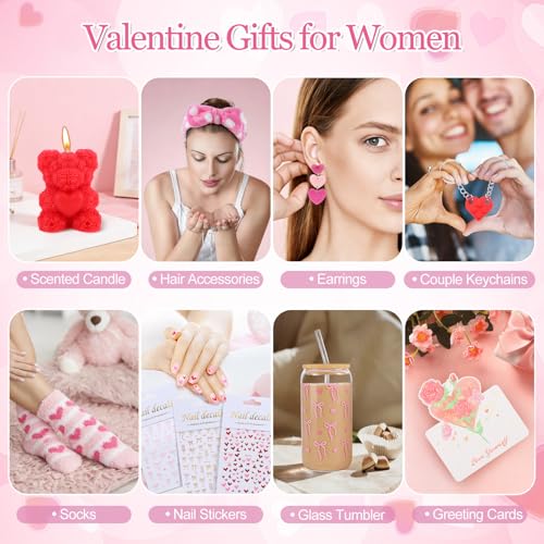 Valentines Day Gifts for Her Basket - 11Pcs Valentines Basket for Women, Pink Gifts Box with 20 oz Tumbler with Lid, Rose & Red Heart Keychain for Mom Teacher Wife Daughter Teen Girls Girlfriend - Image 5