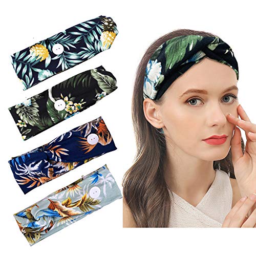 HAISWET Women Floral Cross Elastic 4 Pcs Colorful Boho Hair Band with Button Headband