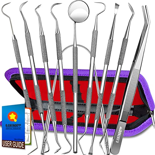 Dental Tools, 10 Pack Professional Plaque Remover Teeth Cleaning Tools Set, Stainless Steel Oral Care Hygiene Kit With Metal Plaque Cleaner, Tartar Scraper, Tooth Scaler, Tongue Scraper - With Case #TOP7