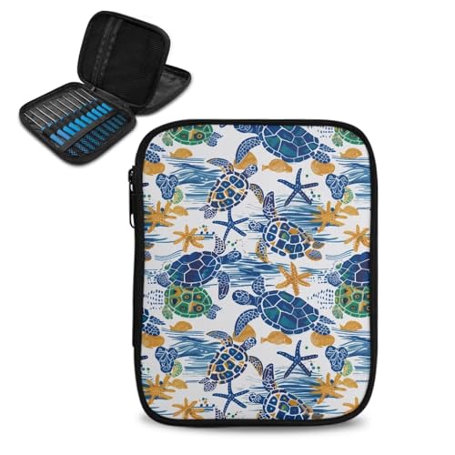 Image of Vanideaoty Sea Turtle Crochet Hook Case Portable Starfish Crochet Hook Organizer with Web Pockets for Knitting Needles Lightweight Women Girls Gifts