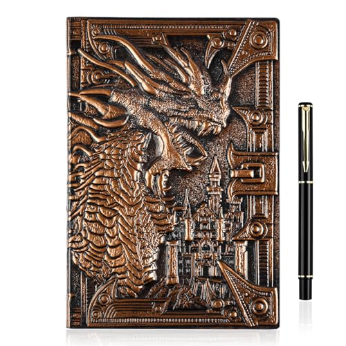 OFFCUP Cuaderno de Piel en Relieve 3D A5, 200 Páginas Libreta Vintage Cuaderno de Viaje Bloc Notas con Bolígrafo, Diario de Viaje Cuaderno de Escritura para Hombres y Mujeres (Dragón)