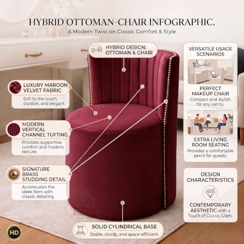Image of Luxury Velvet Ottoman Chair Pouffe Stool-Modern Round Soft-Padded Chair for Dining Room, Living Room /Cafeteria Seating /Bedroom and Dressing Area /Ottoman with Backrest (Maroon)