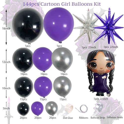Image of ECEAE 144Pcs Purple Black Balloon Arch Garland Kit with Star and Gothic Cartoon Girl Foil Balloons for Spooky Birthday Decorations, Halloween Balloon Garland, Gothic Girl Party Supplies