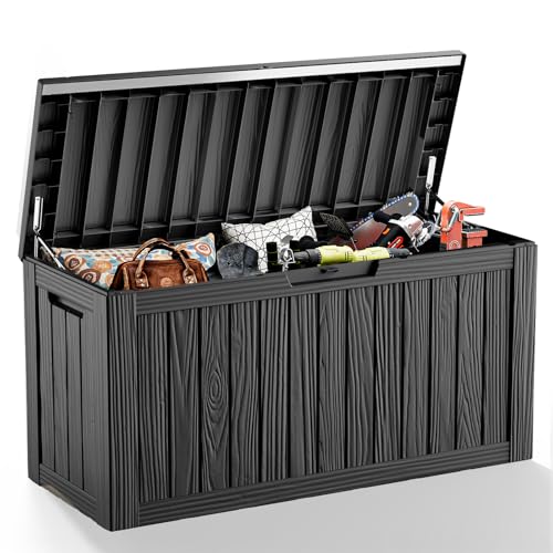 85 Gallon Deck Box Waterproof, Outdoor Storage Box Lockable for Patio Cushions, Garden Tools Accessories with Hydraulic Rod, UV-Resistant and Durable for Patio, Garden Use