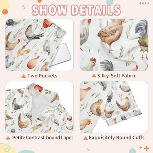 senya Cute Cartoon Chicken Satin Summer Pajama Sets Silk Short Sleeve Button Down Sleepwear3