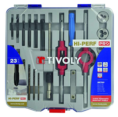 Tivoly • Coffret 21 pièces -9 tarauds M3 à M12 + 9 filières M3 à M12 + 1 tournevis + 1 porte-taraud + 1 porte-filière