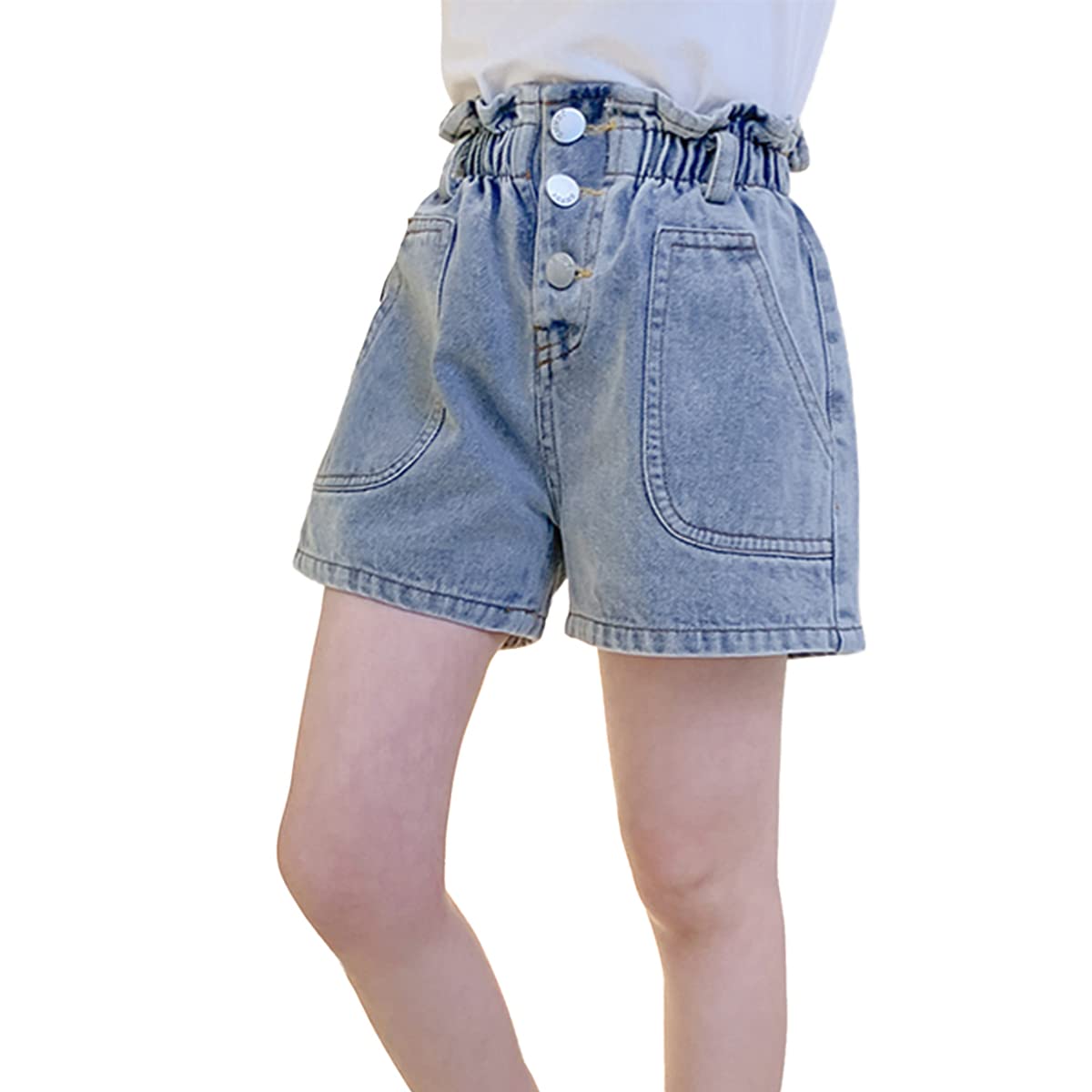 Rolanko Pantaloncini corti in denim da bambina, con elastico in vita, per bambini, estivi, 4-14 anni