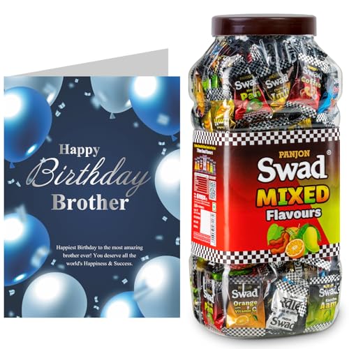 Image of Swad Happy Birthday Brother Bhaiya Gift with Card (Swad Mixed Flavours Candy 200 Jar & 1 Greeting card) 2 units