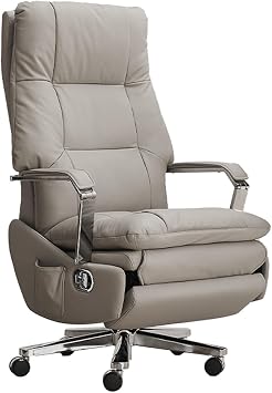 Office Chair Automatic Executive High-Back Electric Reclining Office Chair with Footrest, Ergonomic Computer Desk Chairs with Wheels and Linkage Arms Swivel Rolling Chair with Genuine Leather Grey
