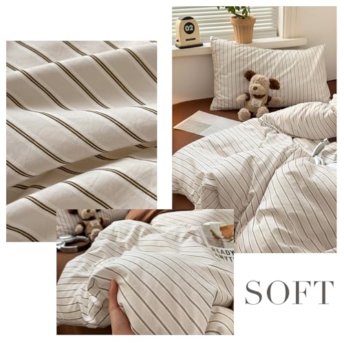 Image of MKXI Twin XL Size Beige Brown Striped Duvet Cover Set - 3 Piece Vintage Aesthetic Bedding, Lightweight Breathable Comforter Cover, Washed Cotton Feel Neutral Bedroom Decor with Zipper Closure