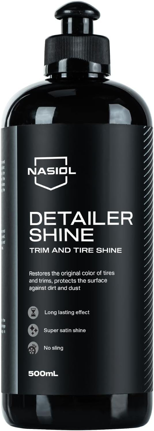 Abrillantador Neumáticos y Plásticos Exteriores | Nasiol DetailerShine | Abrillantador de larga duración para neumáticos y plásticos exteriores. Acabado satinado natural. Repele polvo y suciedad.