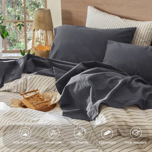 Image of MooMee Sheet Set 100% Washed Cotton Linen-Like Extra Deep Pocket Queen | Relaxed Linen-like Texture. Soft, Breathable & Lightweight Comfort. 15-19 inch Extra Deep Pocket with All-around Elastic