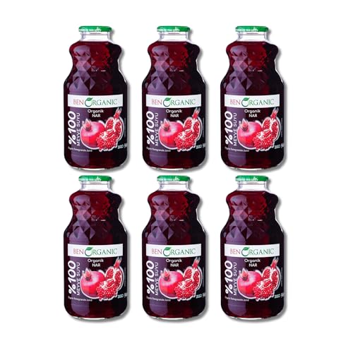 BenOrganic - Organic Pomegranate Juice Glass Bottles (6 x 946ml) 100% Natural Fruit Juice Drink No Sugar No Additives