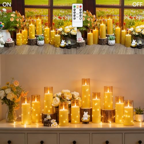 Image of kakoya Flameless LED Candles with Timer 24 Pc Flickering Flameless Candles for Romantic Ambiance and Home Decoration Stable Acrylic Shell,with Embedded Star String,Battery Operated Candles(Gold)