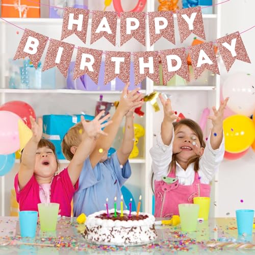 Image of Hooqict Rose Gold Happy Birthday Banner Sign for Backdrop Rose Gold Birthday Decorations for Women Girls Wall Door Party Banner Garland Bunting Flag