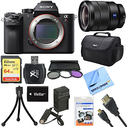 Sony a7R II Full-Frame Mirrorless Interchangeable 42.4MP Camera Bundle with 16-35mm Full-Frame Lens, 72mm Filter Kit, 64GB Memory Card, Camera Bag and Accessories (14 Items)
