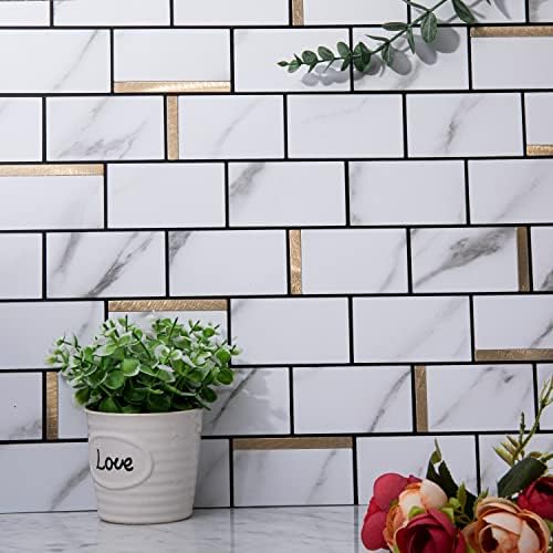 Lovdeco Peel and Stick Backsplash Wall Tile, PVC Kitchen Backsplash,5 Sheets White Marble with Gold Metal