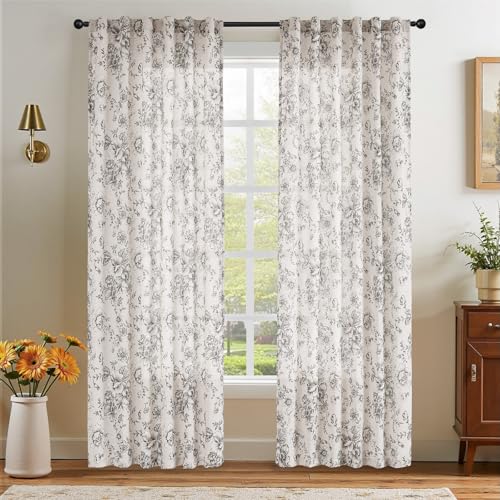 jinchan Floral Curtains for Living Room 84 Inch Length Farmhouse Printed Curtain Rod Pocket Back Tab Black Peony Flower Patterned Drapes Bedroom Window Curtains Set 2 Panels 25% Linen 75% Polyester - Image 7