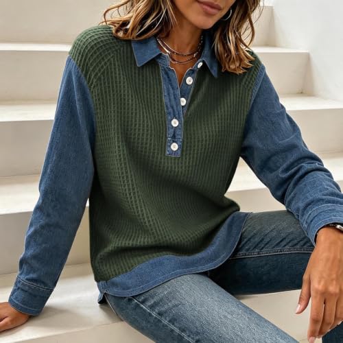 Waffle Tops for Women Jean Patchwork Collared Button Lightweight Shirts - image 2