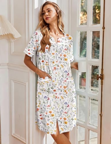 Image of Ekouaer Nightgowns for Women House Dress with Pockets Button Down Sleepshirt Short Sleeve Nightshirt Housecoat
