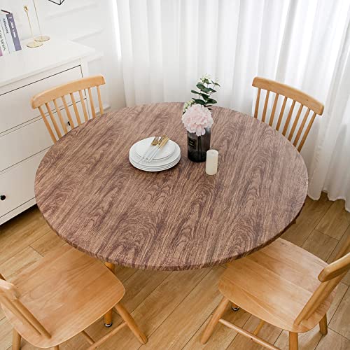 LIBERECOO Round Vinyl Fitted Tablecloth with Flannel Backing Elastic Edge Table Cover Waterproof Stain-Resistant Wipeable Tablcloths Fits 57-65" Round Tables