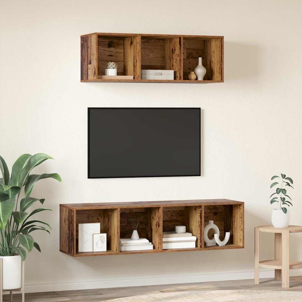 TV-Schrankset Wandmontiert 2-teilig, Altholz Optik, Holzwerkstoff, schwebendes Lowboard für Wohnzimmer, Media Center, 37x37x142,5 cm