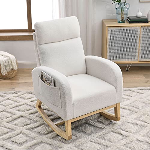 Image of Setawix Teddy Fabric Rocking Accent Chair,Mid Century Modern Rocking Glider Armchair,Leisure Tufted Rocker Arm Chair for Nursery,Bedroom,Living Room (Teddy Ivory, High Back)
