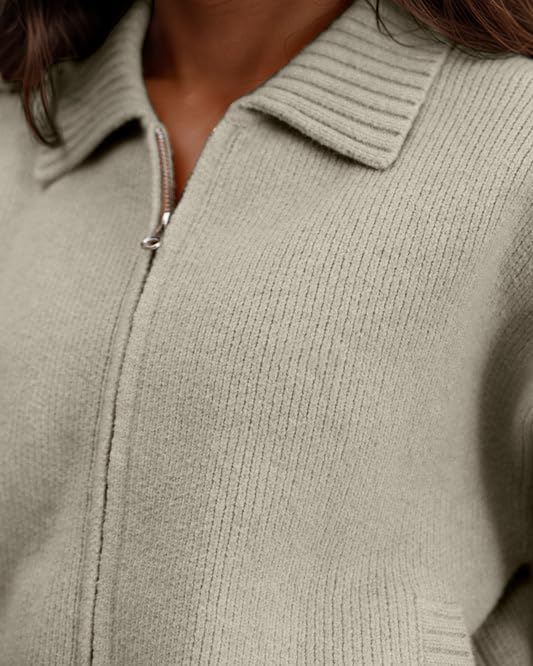 Women’s Zip Up Cardigan Sweater Chunky Collared Open Front Long Sleeve Jackets with Pockets Outwear Coat - Image 2