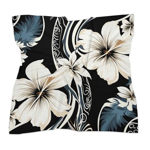 Square Head Scarf Silk Like Neck Scarf Black And White Hawaiian Flowers Satin Bandanas Sleeping Hair Scarfs Fashion Silk Feeling Scarfs Boho Headwear Kerchief 18"×18"3