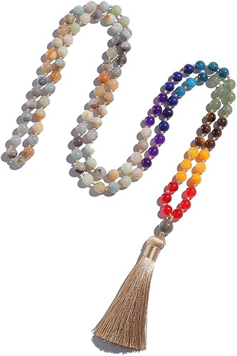 Hovaete Juego de collar de 108 cuentas mala 7 chakras árbol de la vida piedras preciosas curativas reales yoga meditación anudadas a mano para