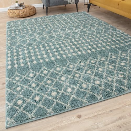 THE RUGS Modern Moroccan Design Living Room and Bedroom Rugs, Non-Shedding & Easy Care (Moroccan Duck Egg Blue/Ivory, 120x170 cm)