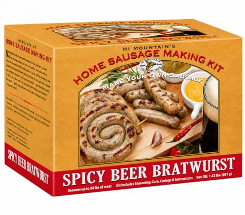 Hi Mountain Seasonings ǀ SPICY BEER Bratwurst Sausage Making Kit ǀ Includes Sausage Seasoning, Cure, Hog Casings, and Simple-to-Follow Directions ǀ Creates 24 lbs of Delicious Bratwurst Sausage