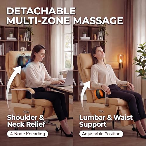 Image of Dual Motor Executive Reclining Office Chair with Footrest - One-Click Electric Recline, Massage Lumbar Support & Pillow, Big and Tall PU Leather Ergonomic Desk Chair for Home Office /Gaming(Brown)