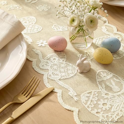 Artoid Mode Beige Spitze Jacquard Osterei Ostern Tischläufer 33 x 183 cm, Frühling Hochzeit Tisch Dekoration Drinnen Urlaub Party Dekor