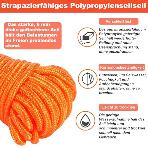 BeGrit 6mm Bootsseil 10m Polypropylen Seil Boot Fenderleine Orange Ankerleine Kajak Festmacher Tauwerk für Bootsport Camping Fischen Wandern