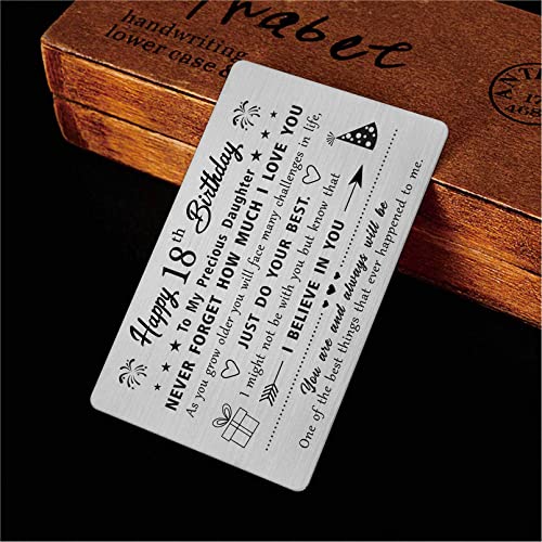 FALOGIJE 18th Birthday Card Gifts for Daughter, Birthday Gifts for 18 Year Old Daughter, Engraved Metal Wallet Card3