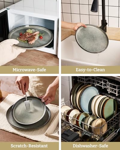 Image of Famiware Milkyway Stoneware Dinnerware Set, 16-Piece, Including Pasta Bowl, Double Reactive Glaze, Plates and Bowls, Service for 4, Microwave and Dishwasher Safe, Scratch-Resistant, Greenish Brown