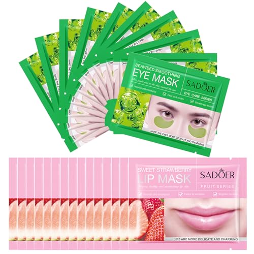 30 almohadillas para mascarilla de ojos y labios, mascarilla hidratante de algas marinas, parches de cristal antienvejecimiento para ojos, mascarilla de fresa para labios, removedor de ojeras con