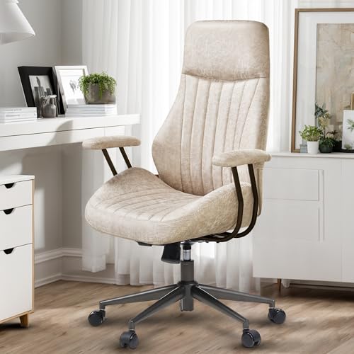 Image of High Back Home Office Chair, Mid Century Vintage Executive Chair,Comfy Ergonomic Rolling Office Task Chair with Lumbar Support, Faux Leather Office Chair,Beige