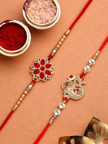 Image of Sukkhi Rakhi Beautiful Floral Design Purple Meenakari Work with AD Stones & Pearls Combo Rakhi for Brother with Roli Chawal & Greeting Card|Quirky Rakshabandhan Rakhi for Bhaiya|Set of 2