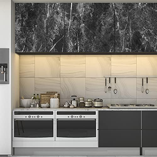 FENTIS Marble Effect Wallpaper Sticky Back Plastic Black Self-Adhesive Gloss Sticker Glitter Contact Paper Vinyl Film Waterproof Easy to Remove Roll for Kitchen Countertop Furniture 40x300cm