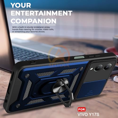 Image of Armor Bumper Back Cover Case for Vivo Y17S Rotating Camera Cover, Ring Holder & Kickstand | Heavy Duty & 360 Degree Protection Vivo Y17S Back Cover (Blue)