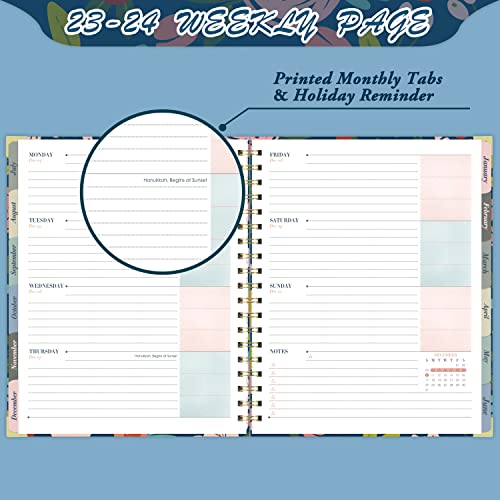 Planner 2023-2024 - Large 2023-2024 Planner, Weekly & Monthly With Tabs, 8" X 10", July 2023 - June 2024, Hardcover With Back Pocket + Twin-Wire Binding + 15 Notes Pages + Inner Pocket - Navy Floral #TOP3