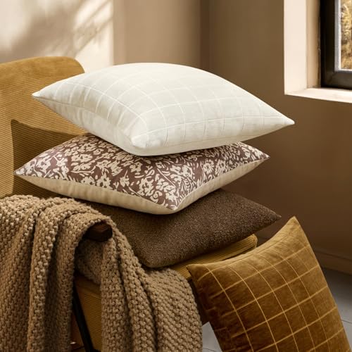 Image of MIULEE Cream Plaid Decorative Throw Pillow Covers 20x20 Set of 2 | Vintage Check Chenille Couch Pillows Neutral Boho Farmhouse Cushion Covers Modern Home Decor for Sofa Bed Living Room
