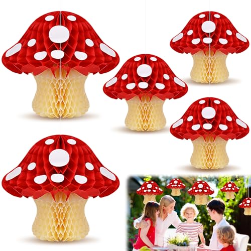 Mushroom Honeycomb Paper Decorations 5 Pack - Cute Woodland Party Decor for Baby Shower, Kids Birthday, Backyard Garden & Fairyland Events, Reusable Wall Hanging with Installation Kit