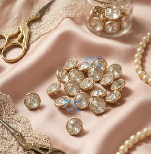 Image of Crystal Rhinestone Buttons (Size-18L) for Sewing & Craft | Gold Rim Designer Button for Blouse, Kurti, Dresses, DIY Craft & Decorations | Pack of 12 | Shiny Diamond Cut for Women's Clothing