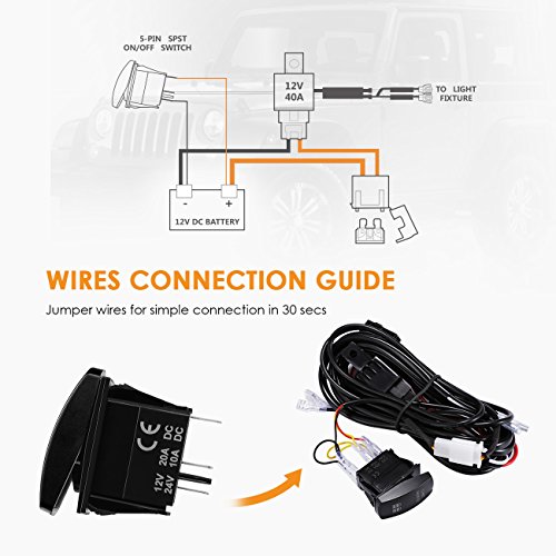 Wiring Harness 2 Lead, Auxbeam 12V 5Pin Rocker Switch With 3Pcs Switching Lines, On Off Switch Power Relay Fuse For Led Light Bars Work Light Driving Lights #TOP6