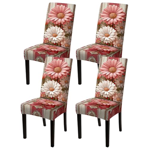 Image of Nuxovilar Pink Daisy Red Ribbon Milk Silk 23.6x66.9in 4PCS Covers | Stretch Slipcover Floral Protector Flower Wrap Seat Guard Dining Room Brunch Event Home Gathering (Pink Daisy)