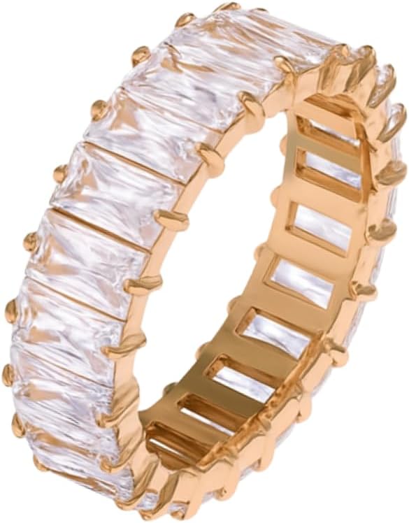Eternity Ring for Women - 18K Gold Plated Trillion & Baguette Cut CZ Band - Rainbow, Clear, Emerald Designs - Geometric Stacking Ring - Waterproof & Tarnish-Free Jewelry